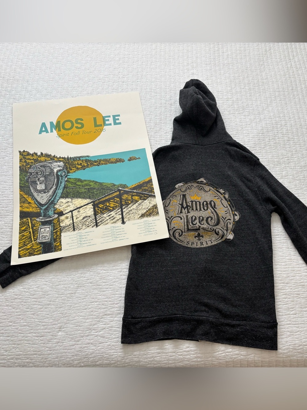 Amos Lee 2016 Spirit Tour gray Hoodie size M with Tour Poster